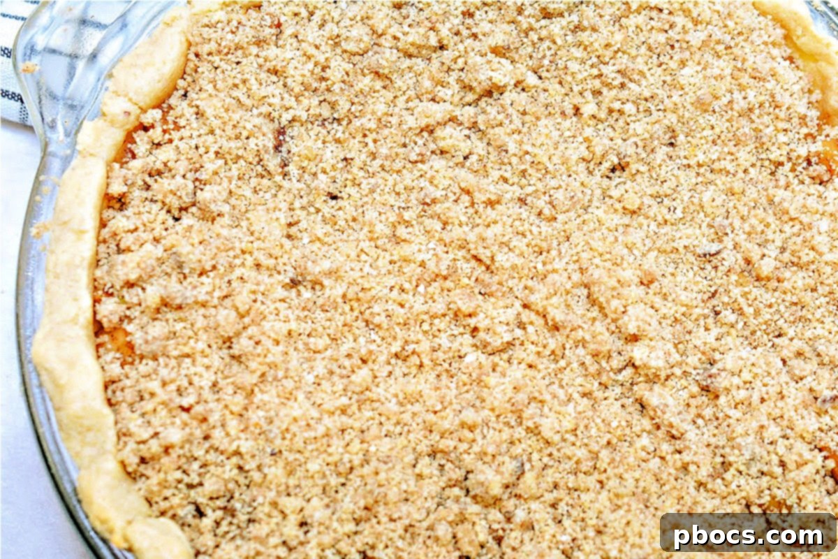 The Keto Apple Pie with its crumb topping sprinkled evenly over the zucchini filling, ready for its final bake.