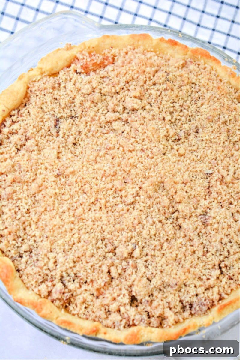 A freshly baked Keto Apple Pie, still in its pie plate, with a golden, slightly browned crumb topping.