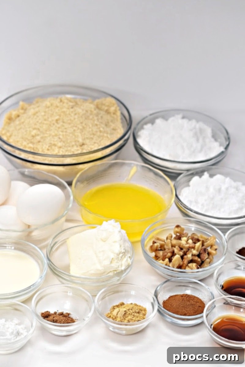 A selection of ingredients laid out for making Keto Starbucks Gingerbread Loaf, including almond flour, eggs, and various spices.