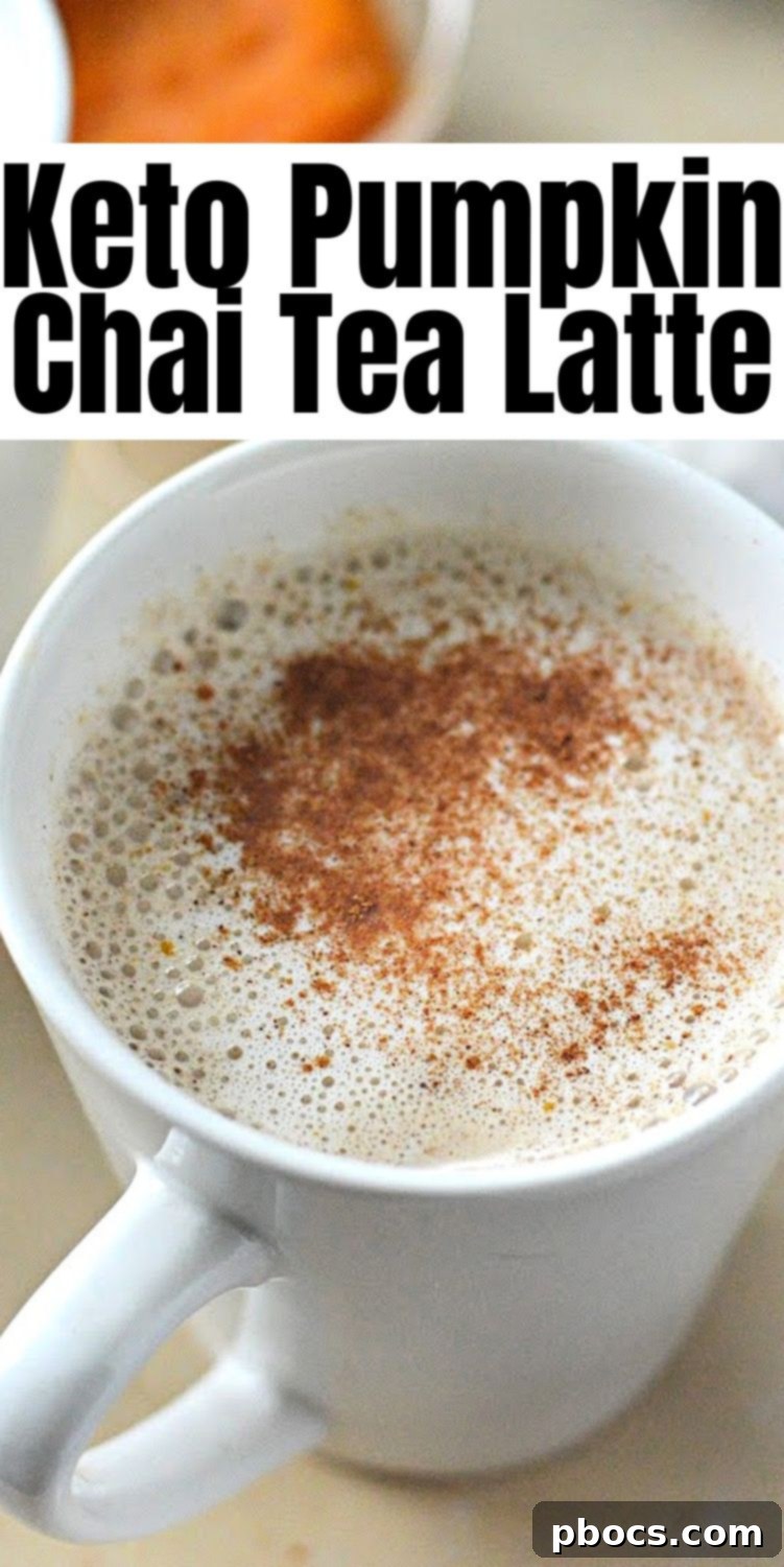 A tall glass of Keto Pumpkin Chai Tea Latte with whipped cream and a 'Pin for later' graphic overlay.