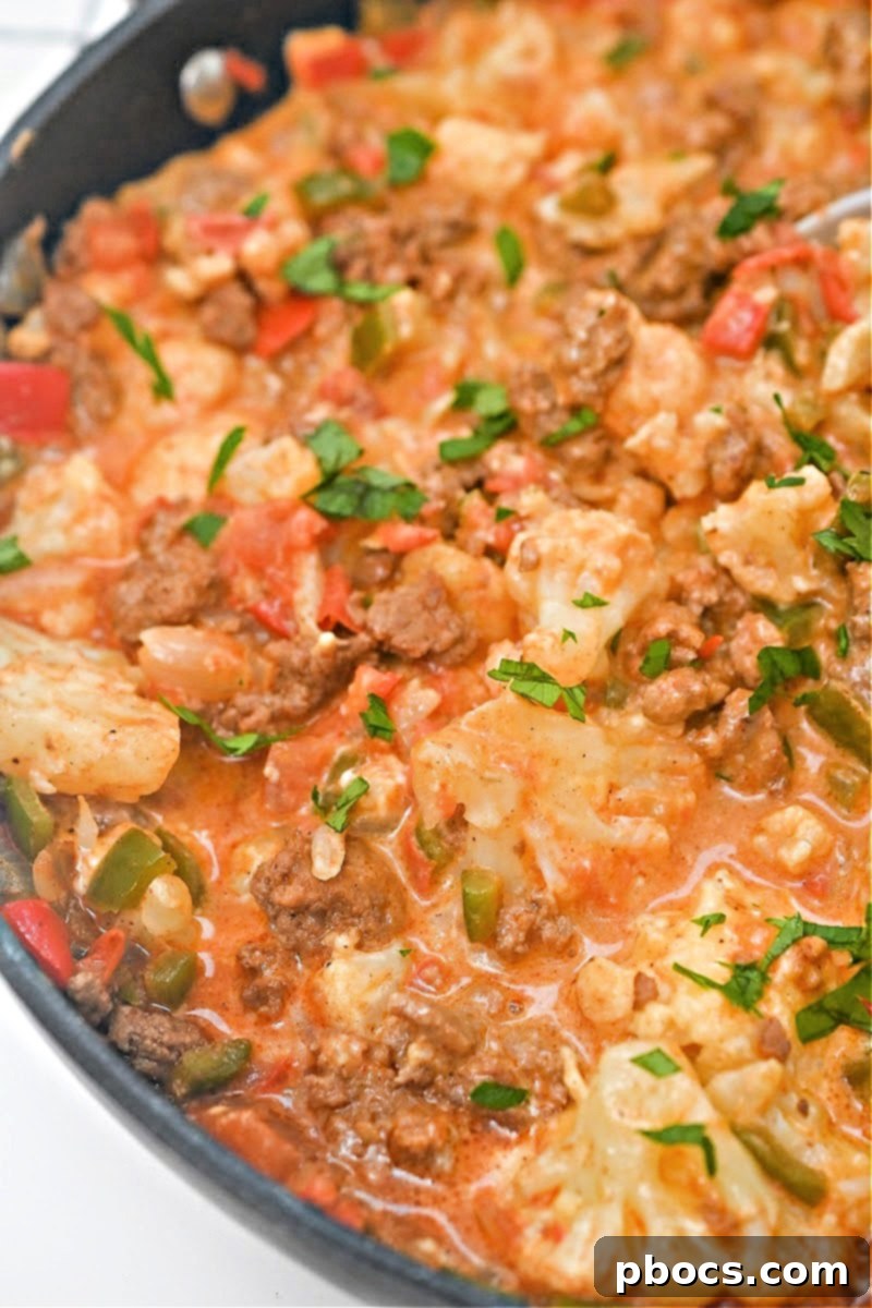 Delicious Keto Chili Mac Skillet with cheesy cauliflower