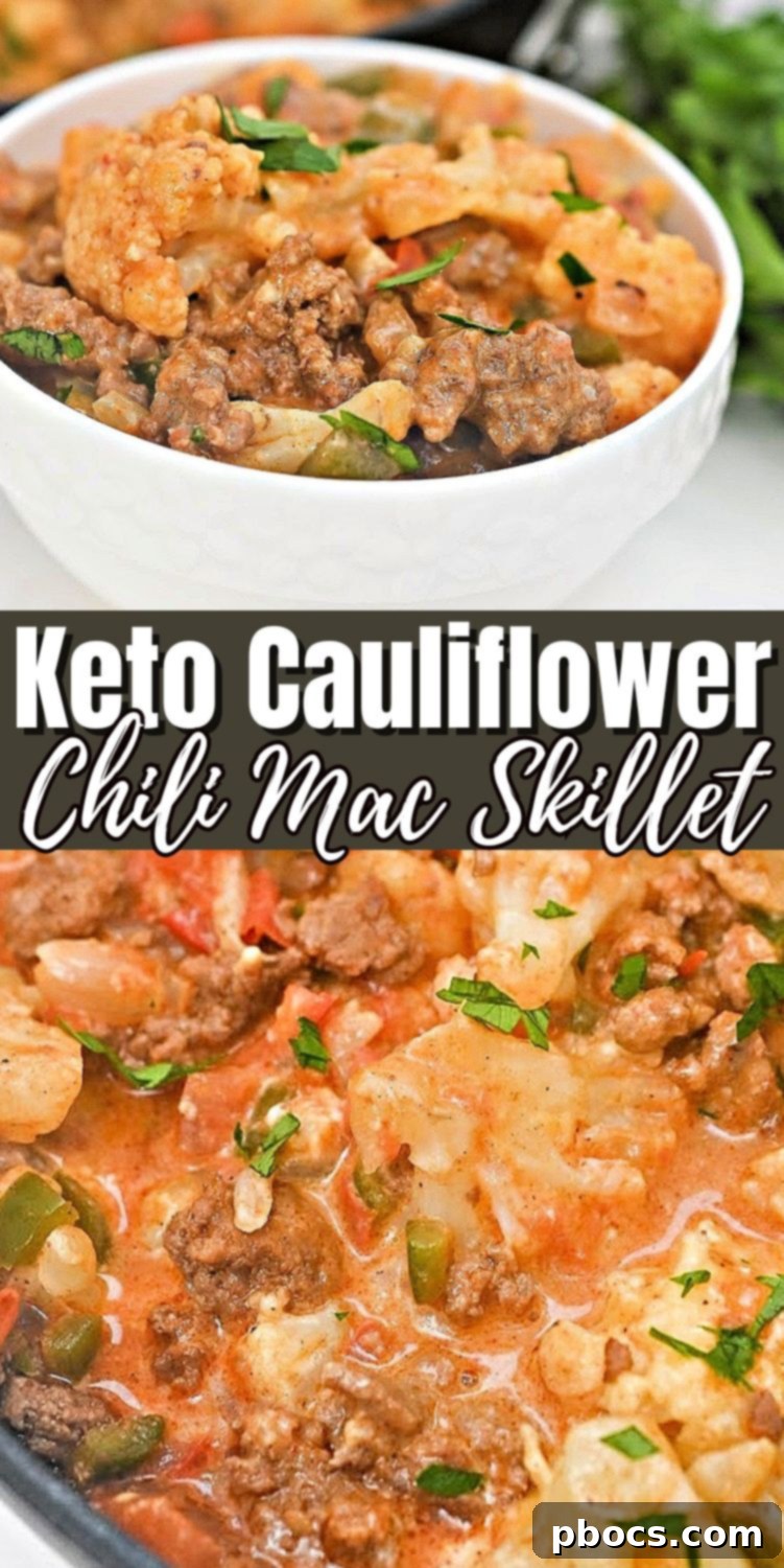 Keto Chili Mac Skillet recipe pin for Pinterest