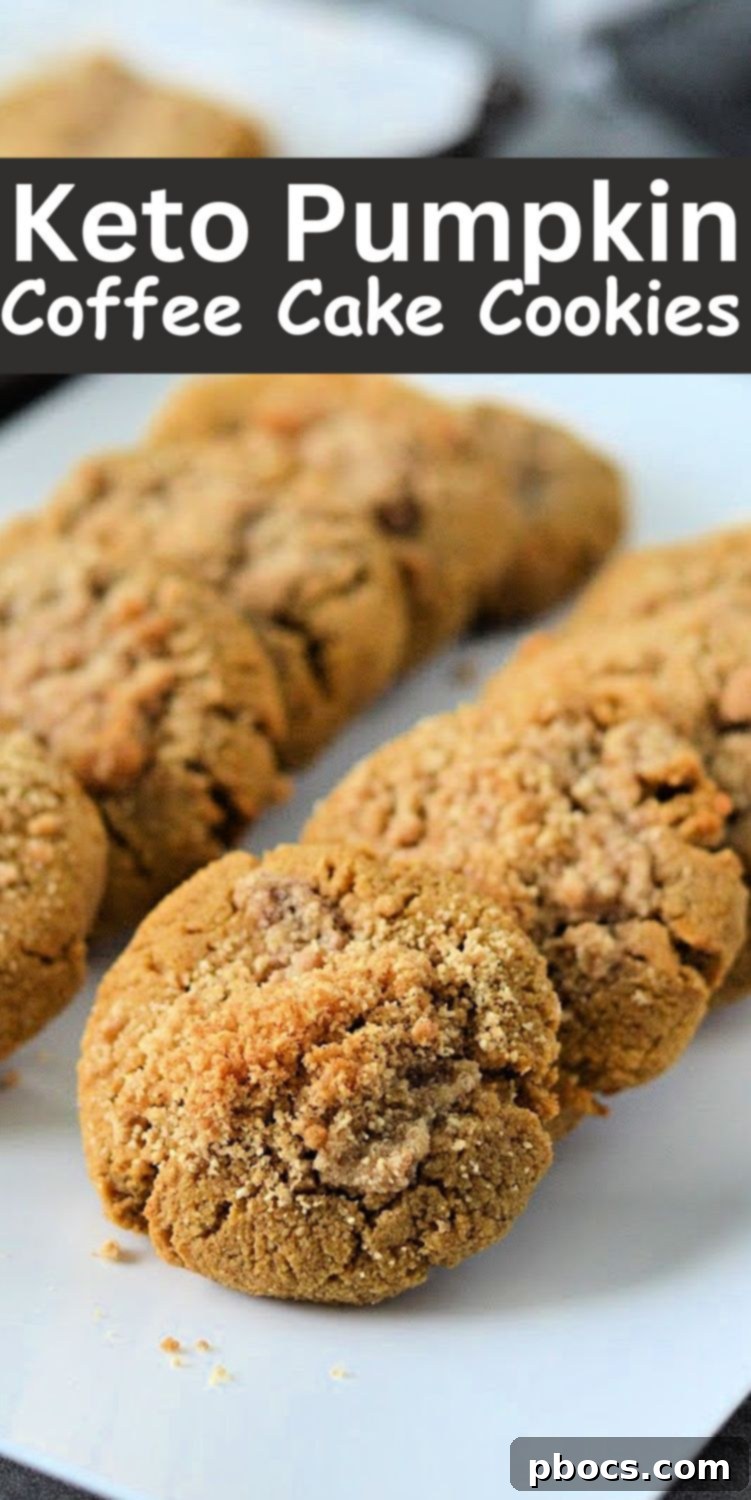 Pinterest graphic for Keto Pumpkin Coffee Cake Cookies, with text #ketopumpkincoffeecakecookies #pumpkincoffeecakecookies