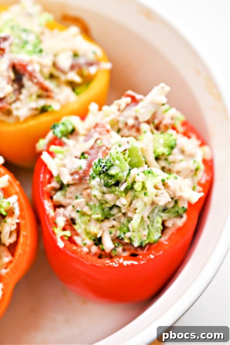 Mixing bowl with shredded chicken, ranch, broccoli, bacon, and cheese for the filling