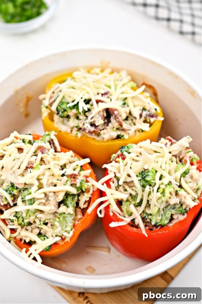 Stuffing bell peppers with the keto ranch chicken and broccoli filling