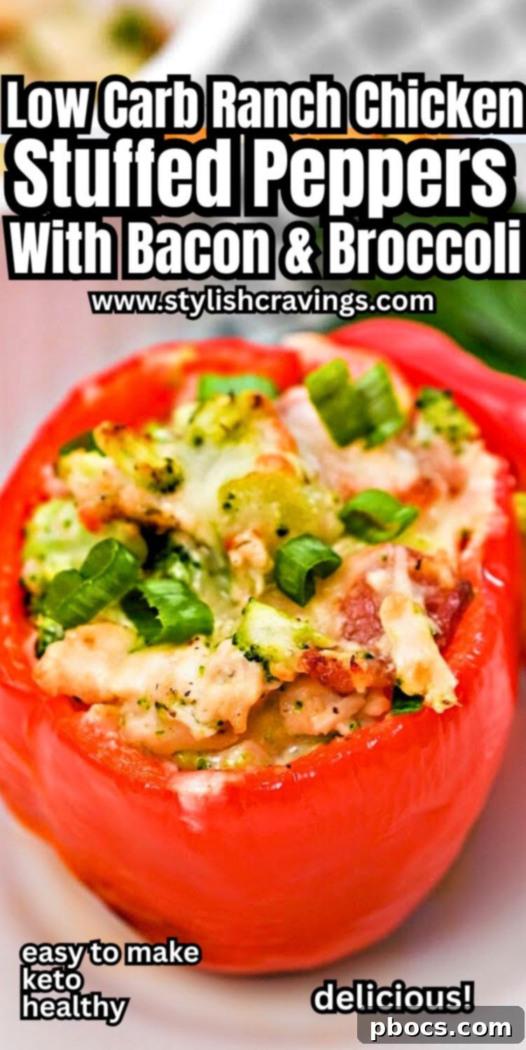 Keto Ranch Chicken and Broccoli Stuffed Peppers for a healthy dinner. #ketoranchchickenandbroccolistuffedpeppers #ranchchickenandbroccolistuffedpeppers
