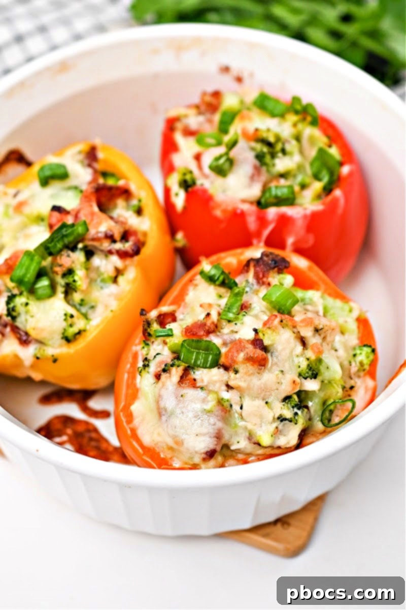 Colorful bell peppers filled with creamy ranch chicken and broccoli for a keto-friendly meal