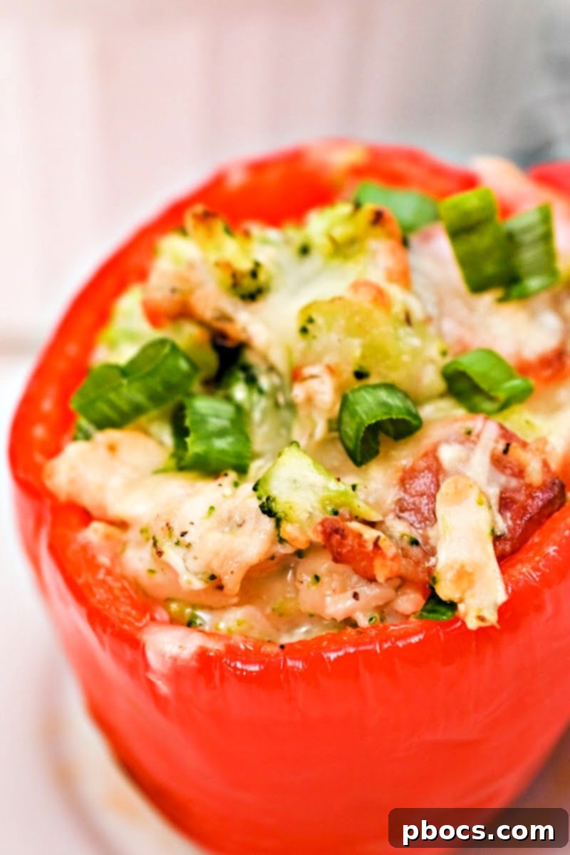 Close-up of baked Keto Ranch Chicken and Broccoli Stuffed Peppers ready to serve