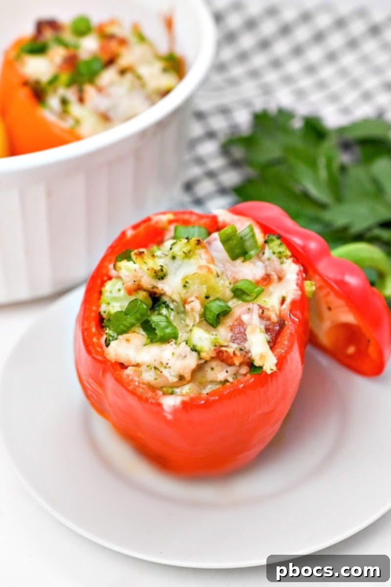 Leftover Keto Ranch Chicken and Broccoli Stuffed Peppers in an airtight container