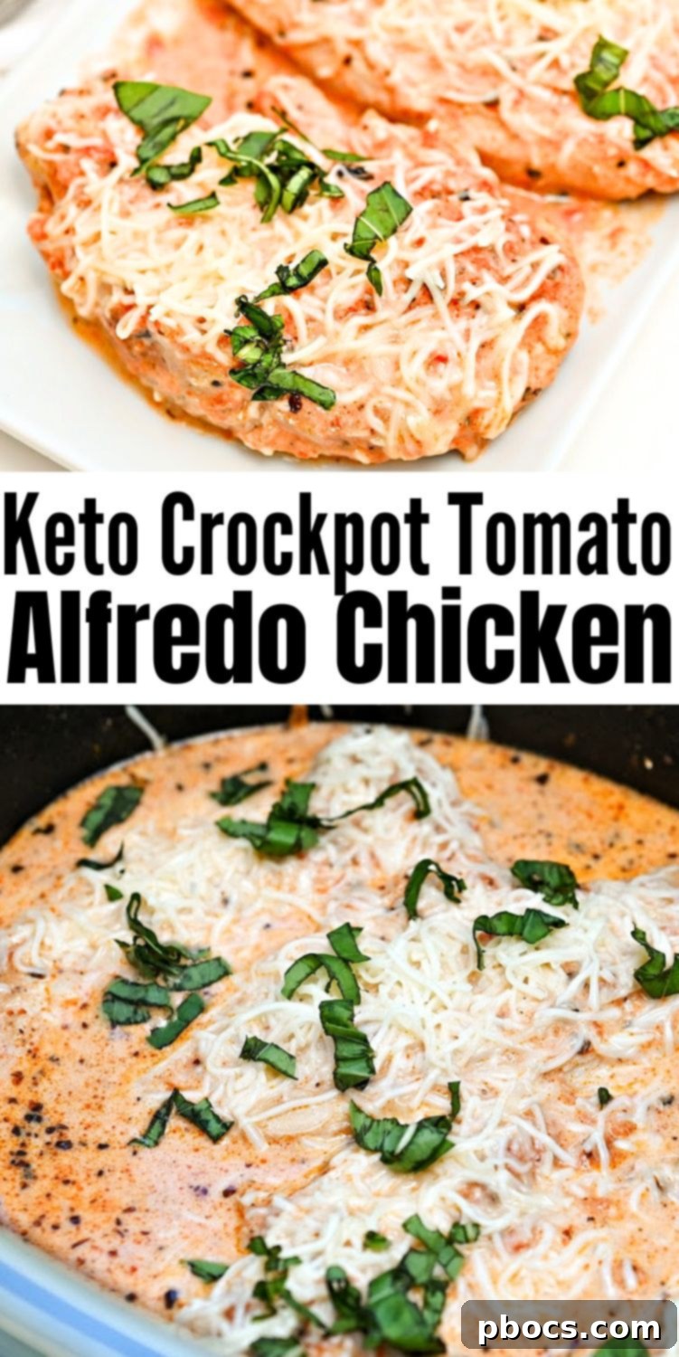 Keto Crockpot Tomato Alfredo Chicken, social media sharing image.