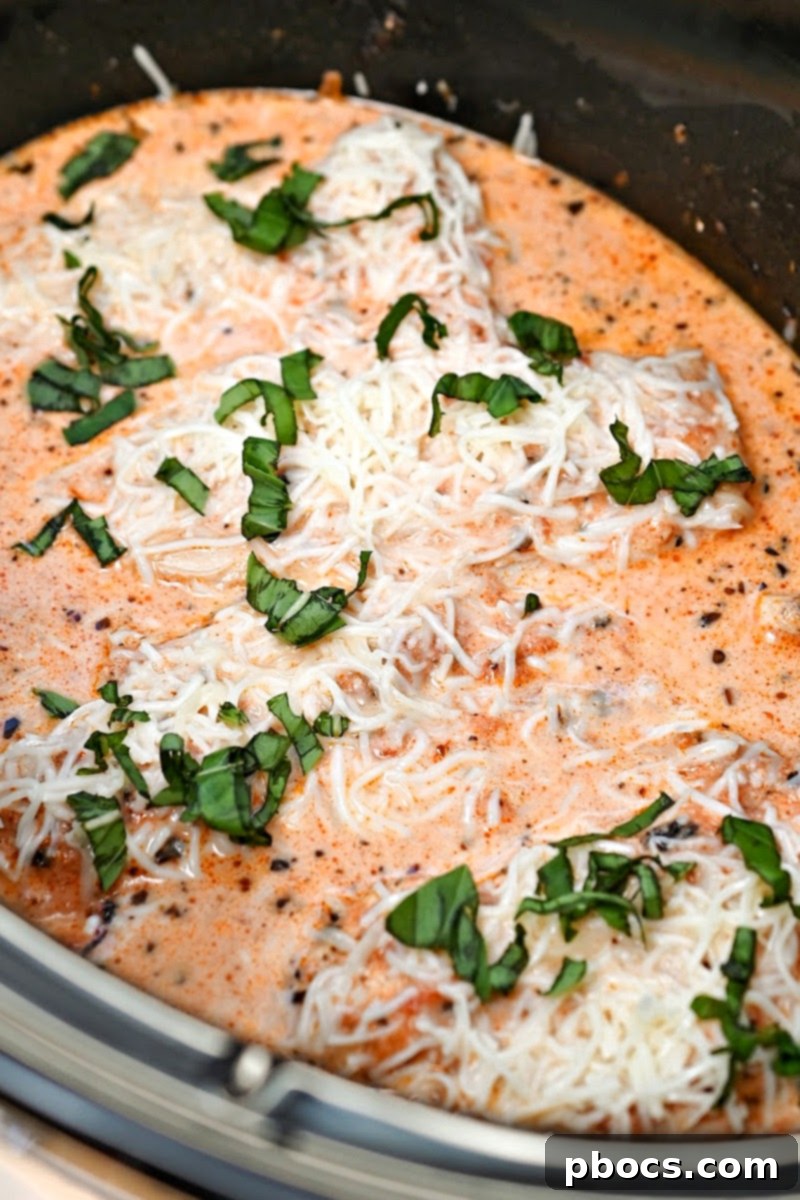 Keto Crockpot Tomato Alfredo Chicken, served with complementary side dishes.