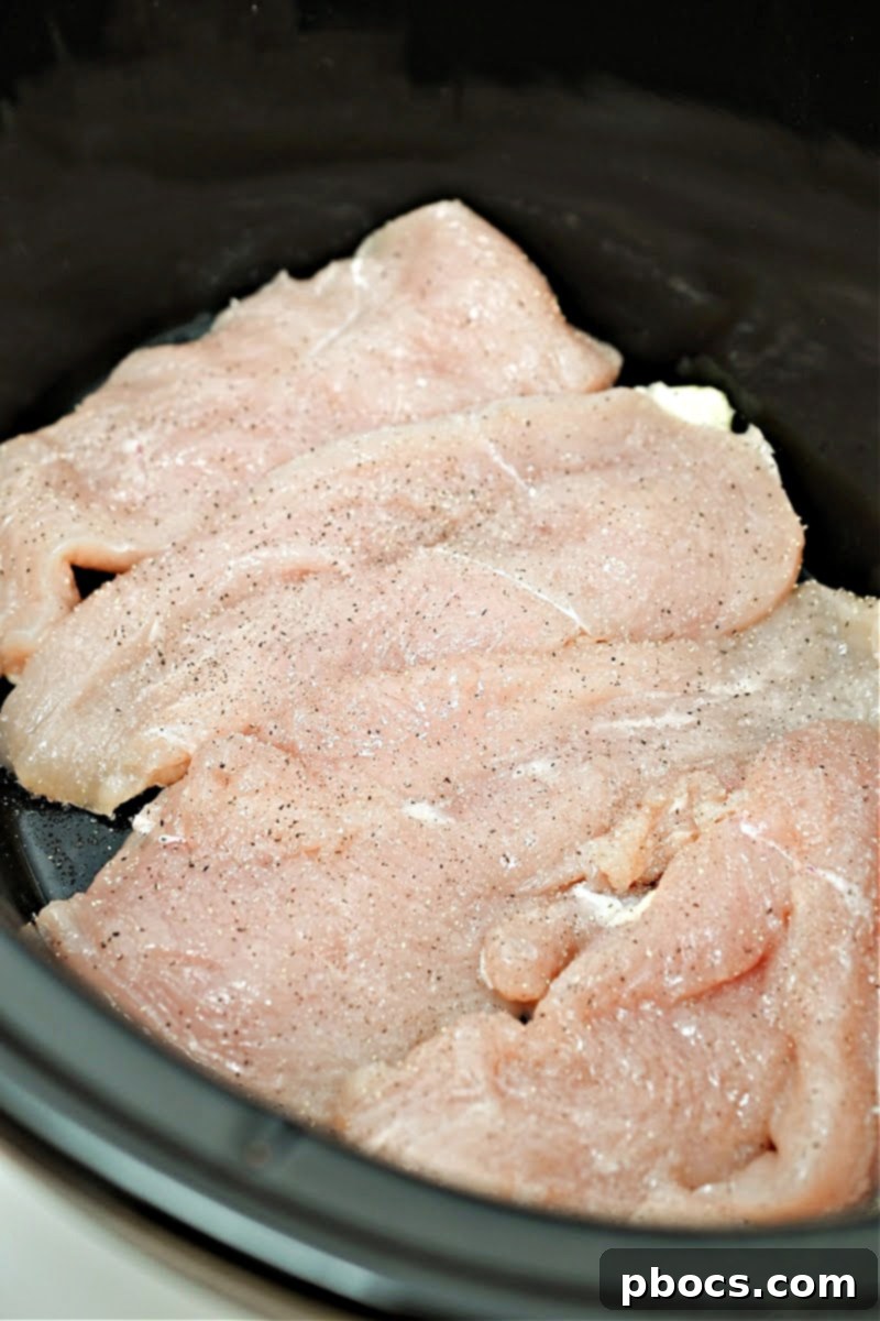 Keto Crockpot Tomato Alfredo Chicken, seasoning chicken in Crockpot.