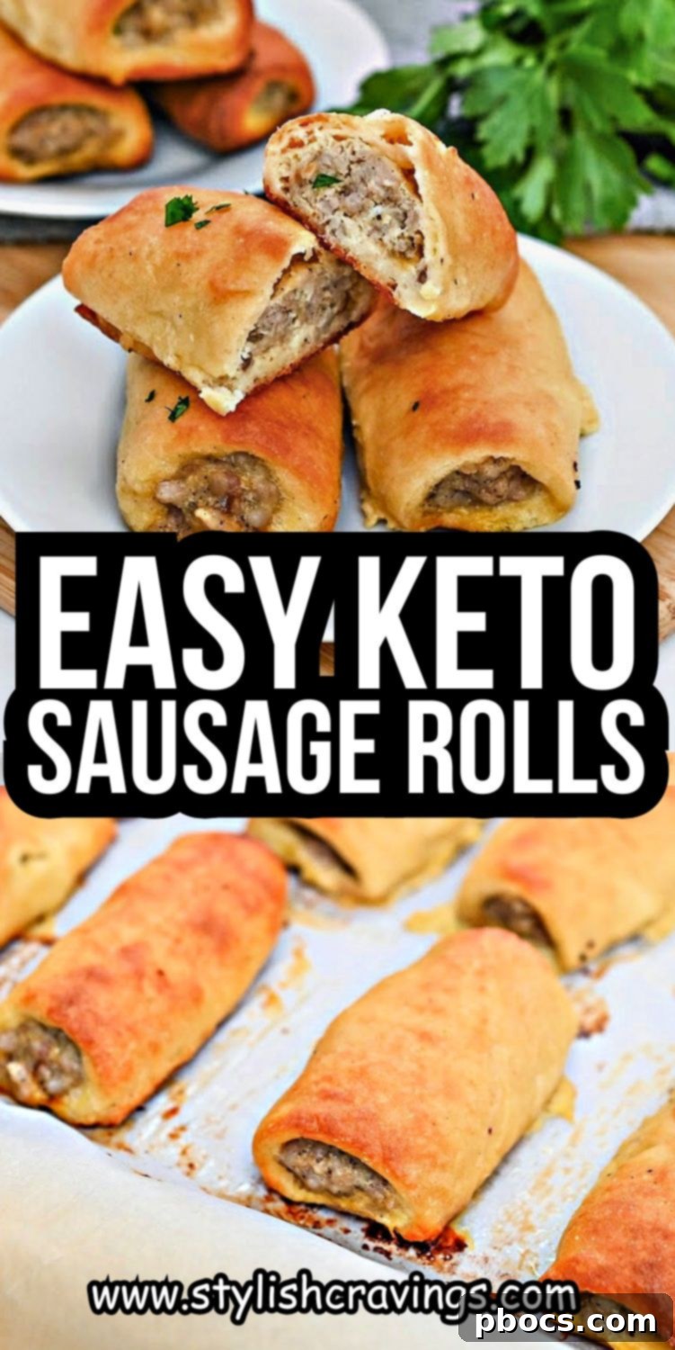 Keto Sausage Rolls recipe card with an appetizing image