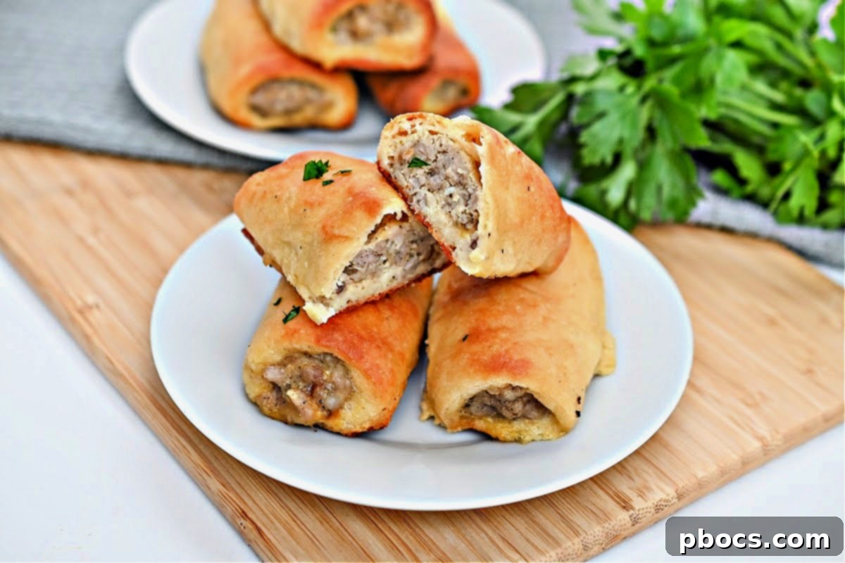 Close-up of baked Keto Sausage Rolls with a golden crust