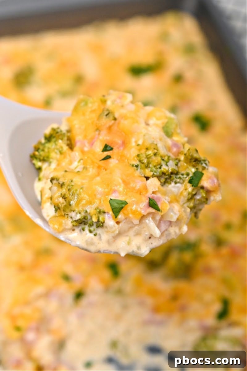 Close-up of Cheesy Low-Carb Broccoli Rice Casserole With Ham