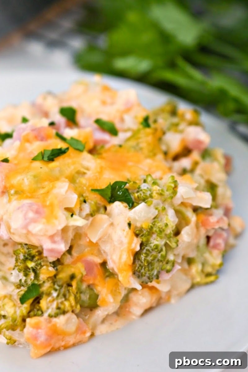 Cheesy Low-Carb Broccoli Rice Casserole With Ham served