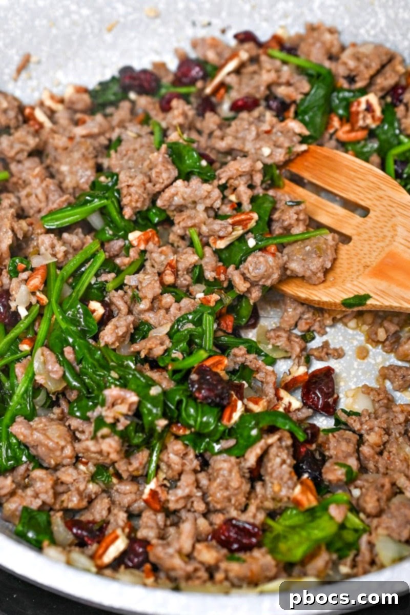 Adding Herbs and Spinach to the Sausage Mixture