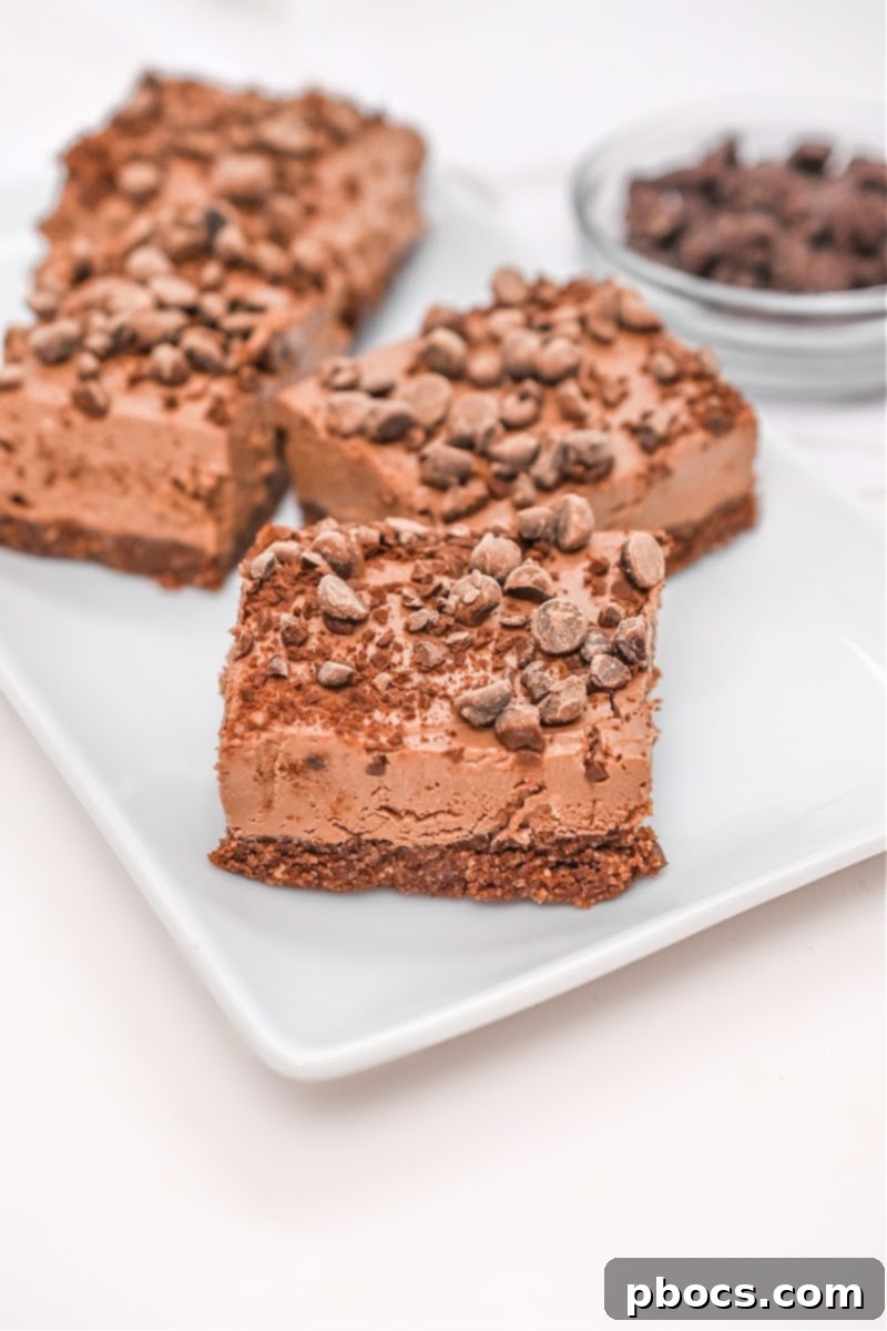 Keto No-Bake Death By Chocolate Cheesecake Bars 13 Spreading cheesecake mixture and topping with chocolate chips