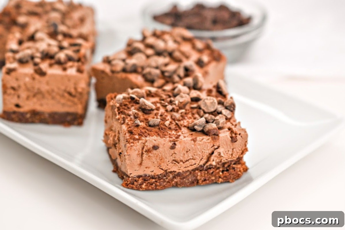 Keto No-Bake Death By Chocolate Cheesecake Bars 3 Delicious Low-Carb No-Bake Death By Chocolate Cheesecake Bars ready to eat
