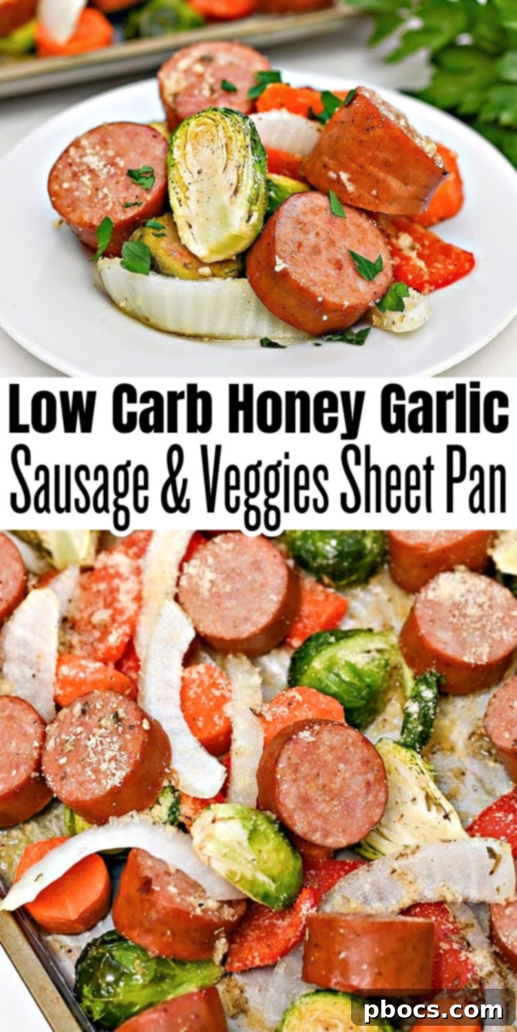 A visually appealing Pinterest graphic for Low-Carb Honey Garlic Sausage and Veggies Sheet Pan, ideal for sharing on social media.
