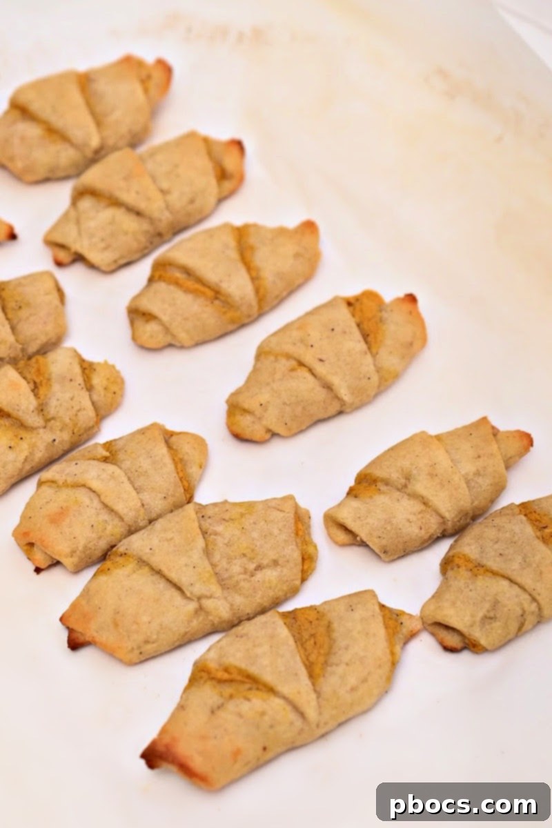 Freshly baked keto pumpkin crescent rolls, golden and flaky, straight from the oven and ready to enjoy.