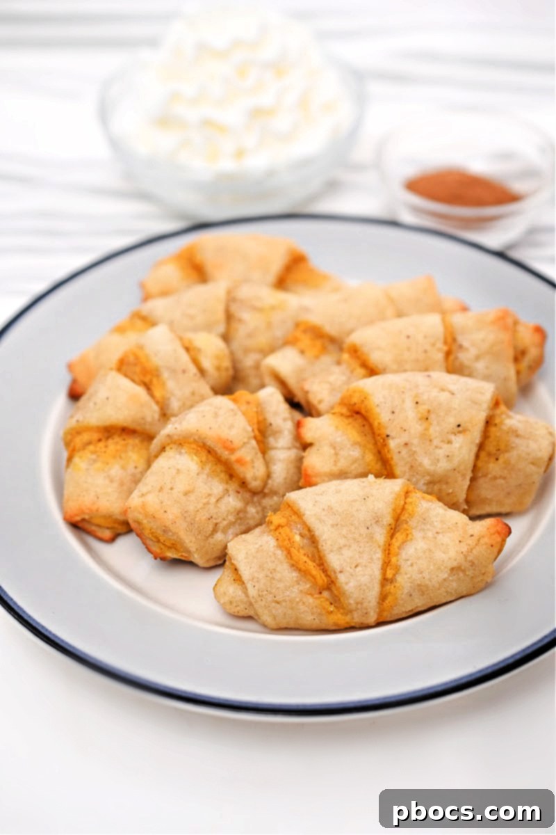 Hand-rolled mini pumpkin crescent rolls, showcasing the perfect size for a bite-sized treat.
