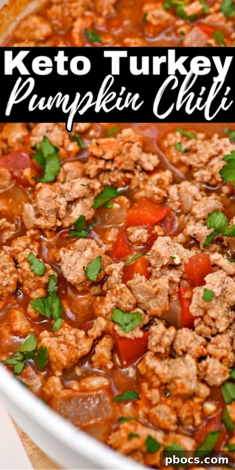 Keto Pumpkin Chili recipe pin graphic for Pinterest