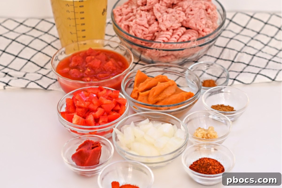 Ingredients laid out for making Keto Pumpkin Chili