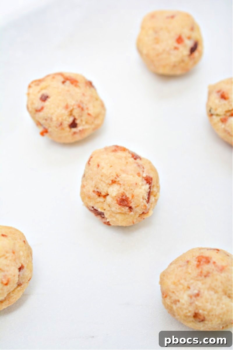 Formed maple bacon bites placed on a parchment-lined baking sheet, ready for chilling.