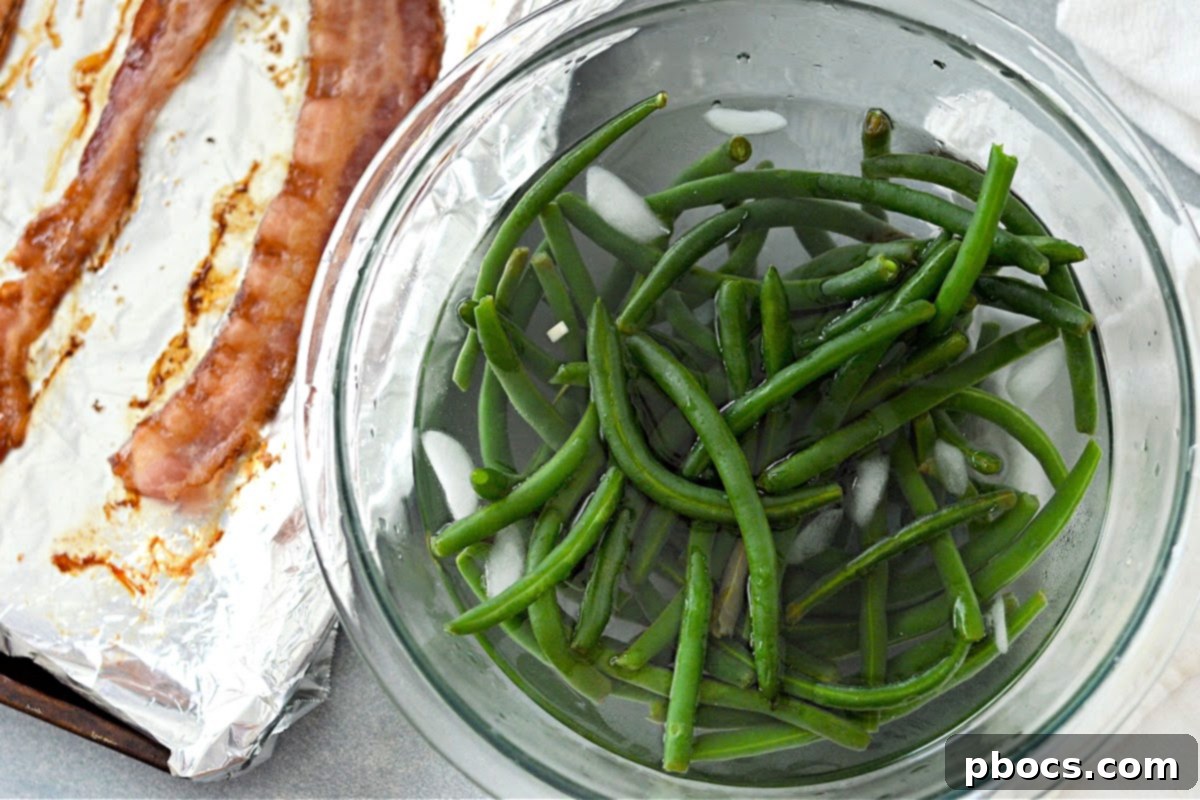 Green Beans in a bowl of ice water.