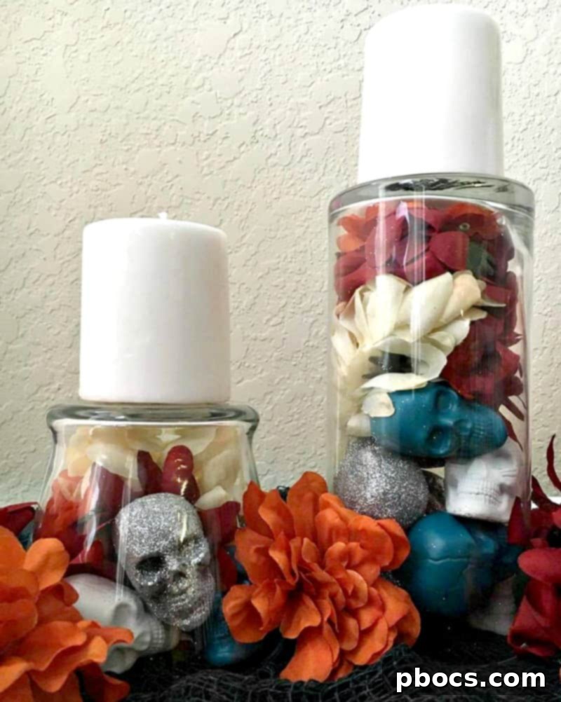 A completed Dia de los Muertos centerpiece, featuring a candle atop inverted glitter skulls and vibrant flowers in a glass vase.