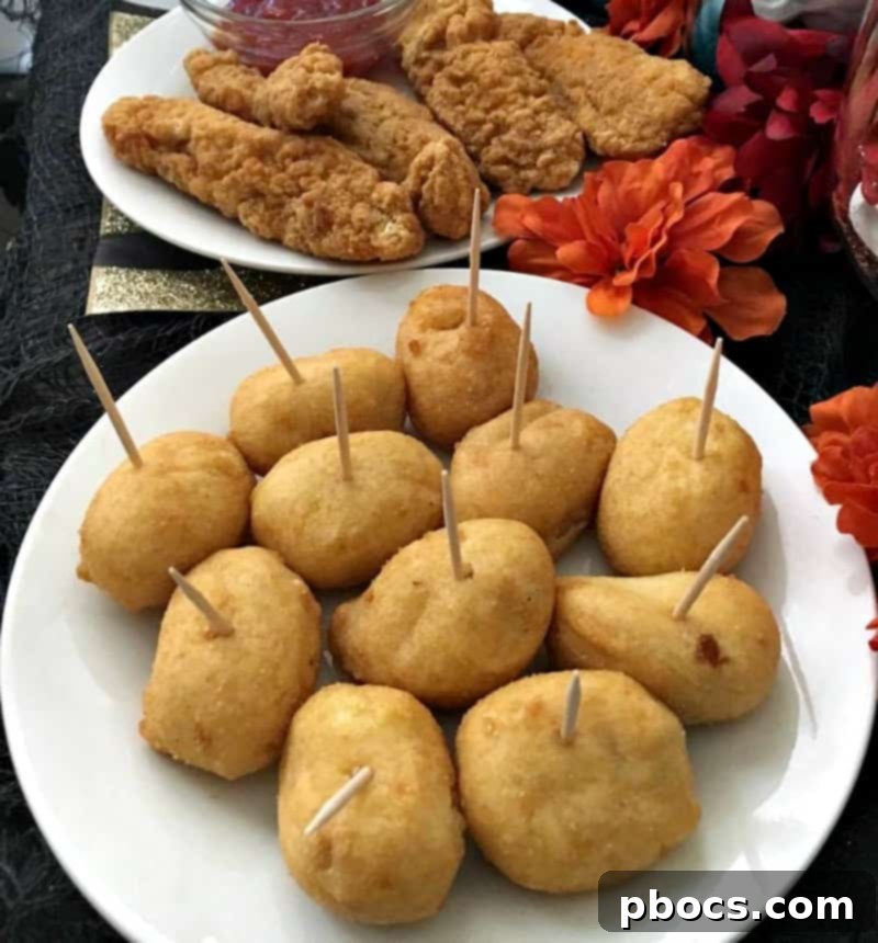 An elaborate Dia de los Muertos inspired party table setup, featuring the DIY centerpiece, Tyson chicken strips, mini corn dogs, and colorful decor.