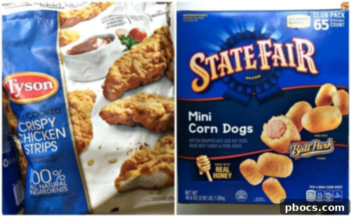 Close-up of golden brown Tyson Crispy Chicken Strips and State Fair Mini Corn Dogs, ready for party serving.