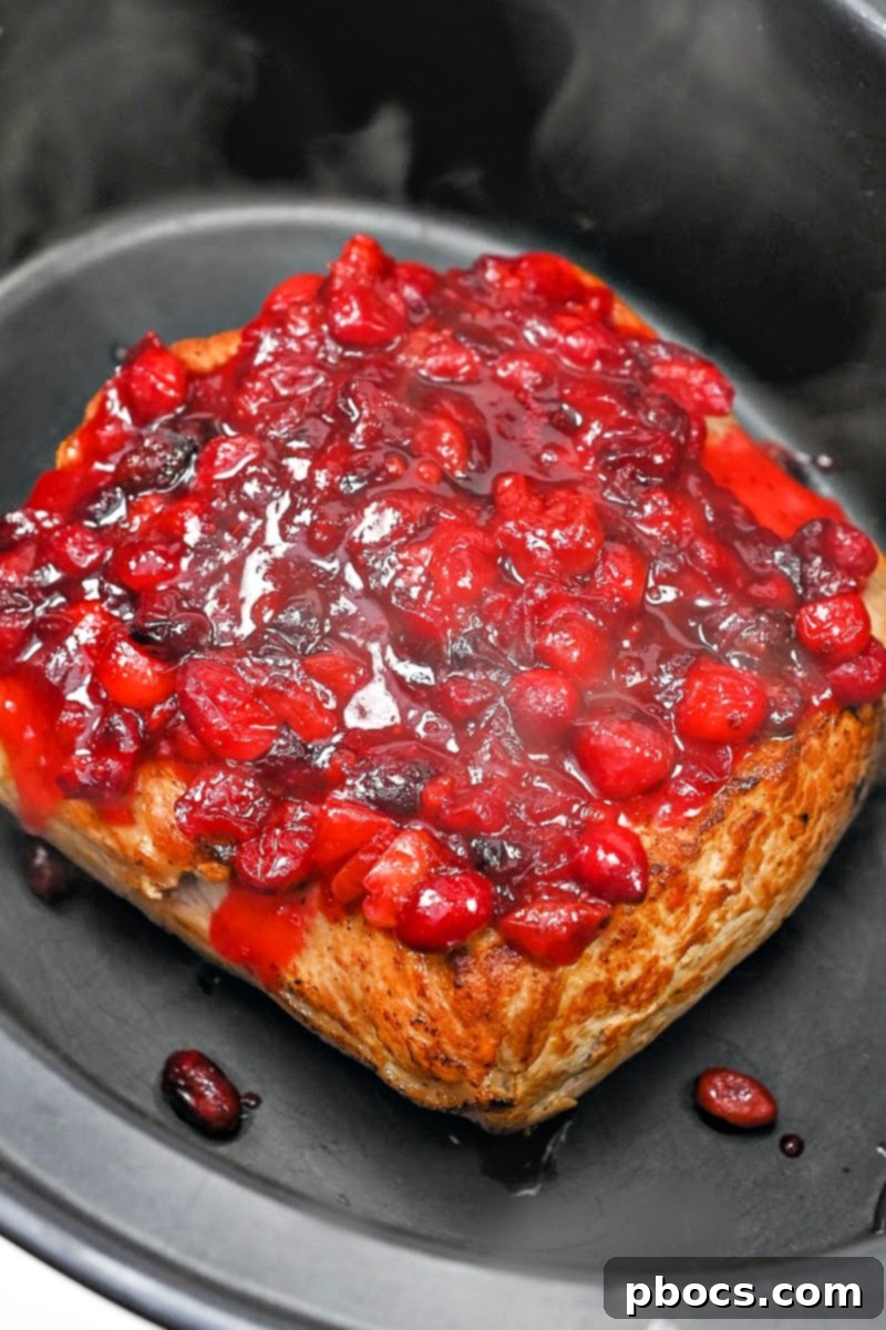 Spoon the homemade low-carb cranberry mixture over the seared pork loin roast in the slow cooker.