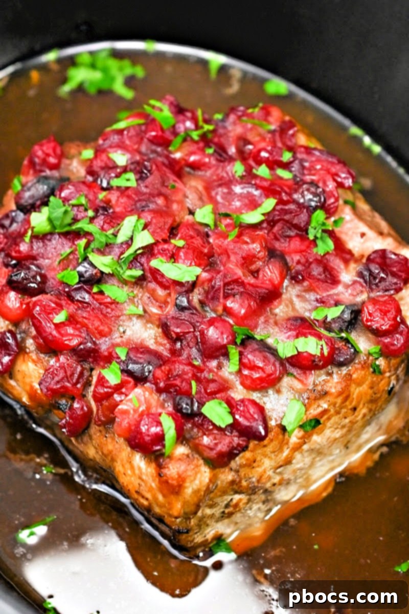 Keto Crockpot Cranberry Pork Loin Roast cooking on low for 6 hours in a slow cooker.