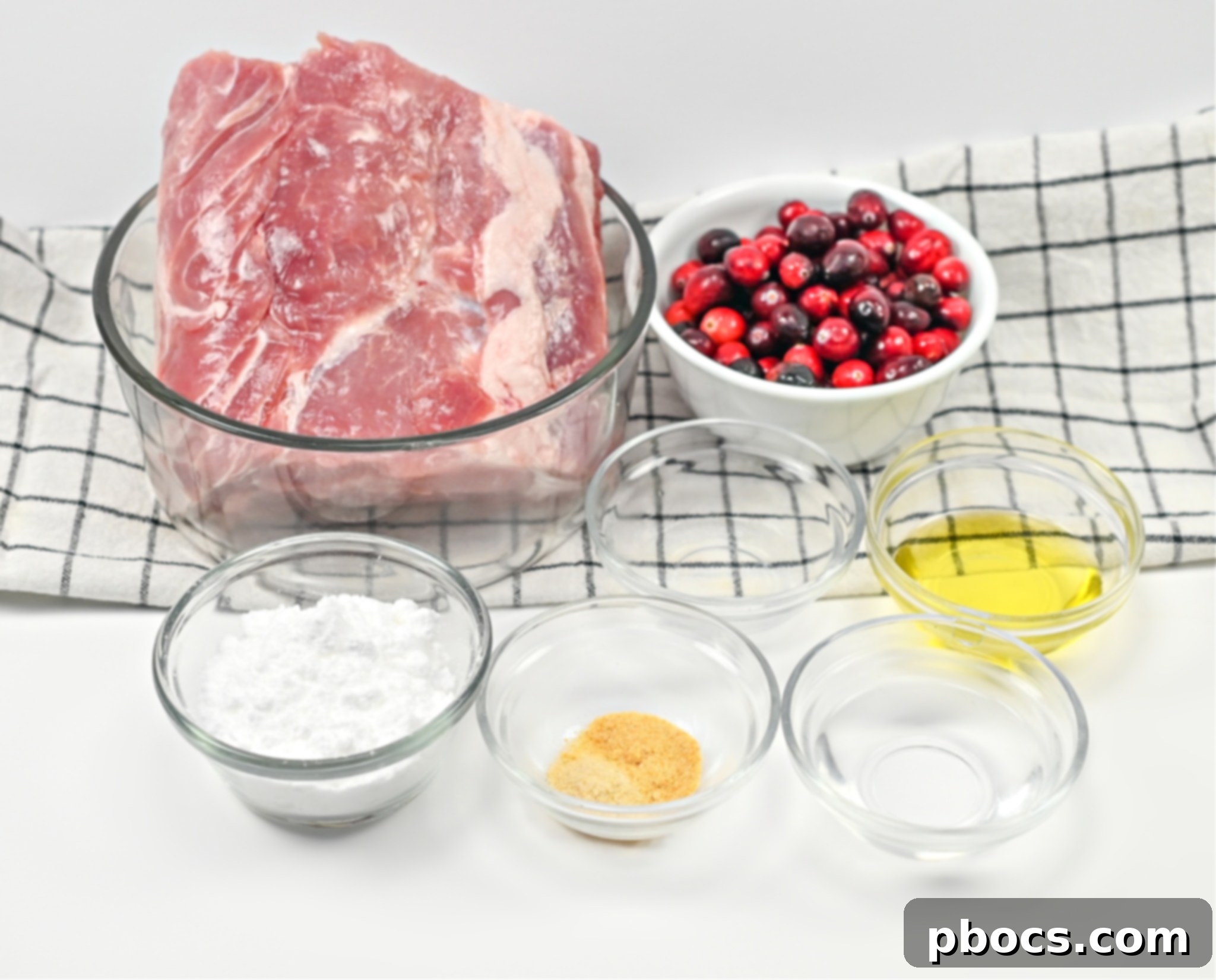 A collage of ingredients for Keto Crockpot Cranberry Pork Loin Roast including pork, cranberries, and spices.