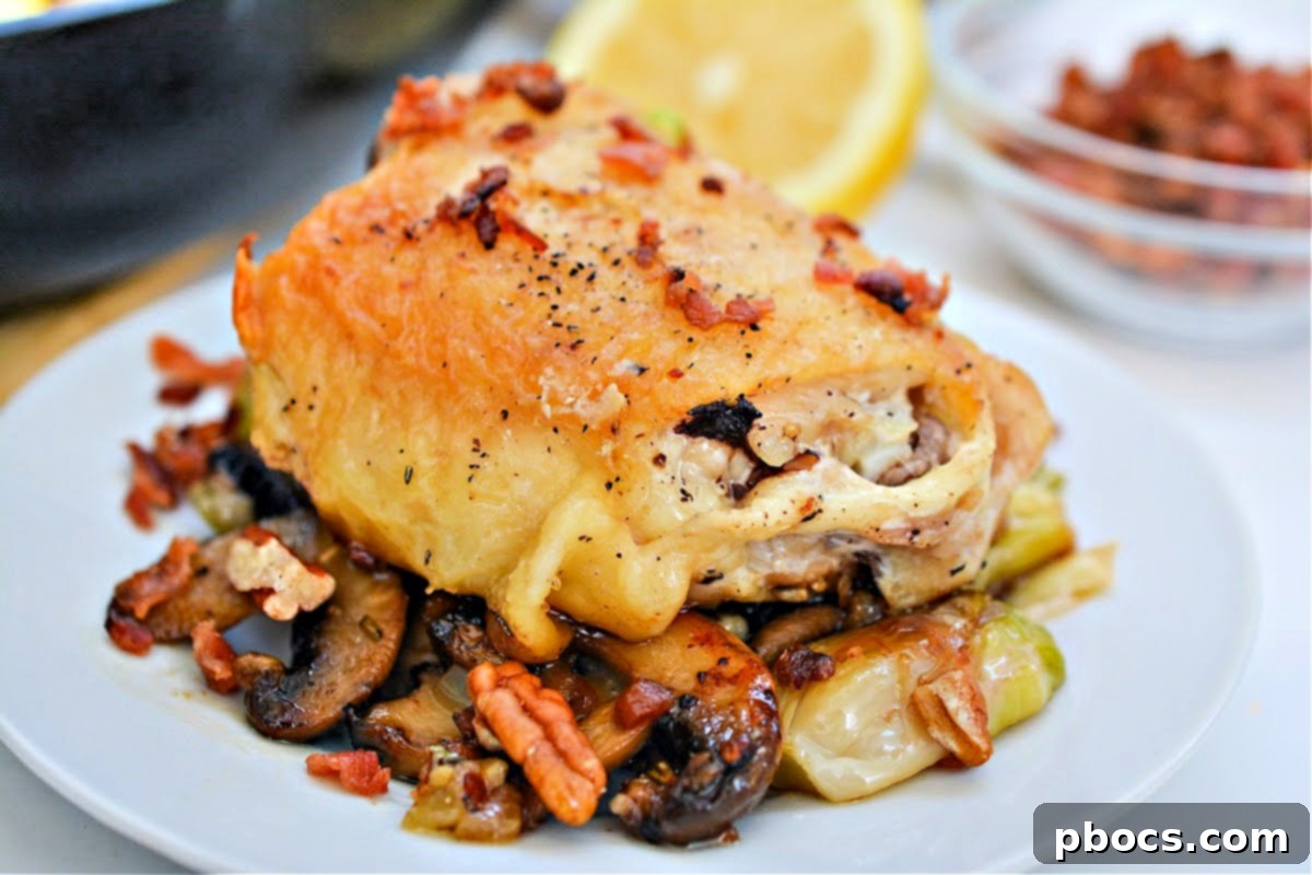 Keto Skillet Harvest Chicken garnished with bacon and pecans - Step 7