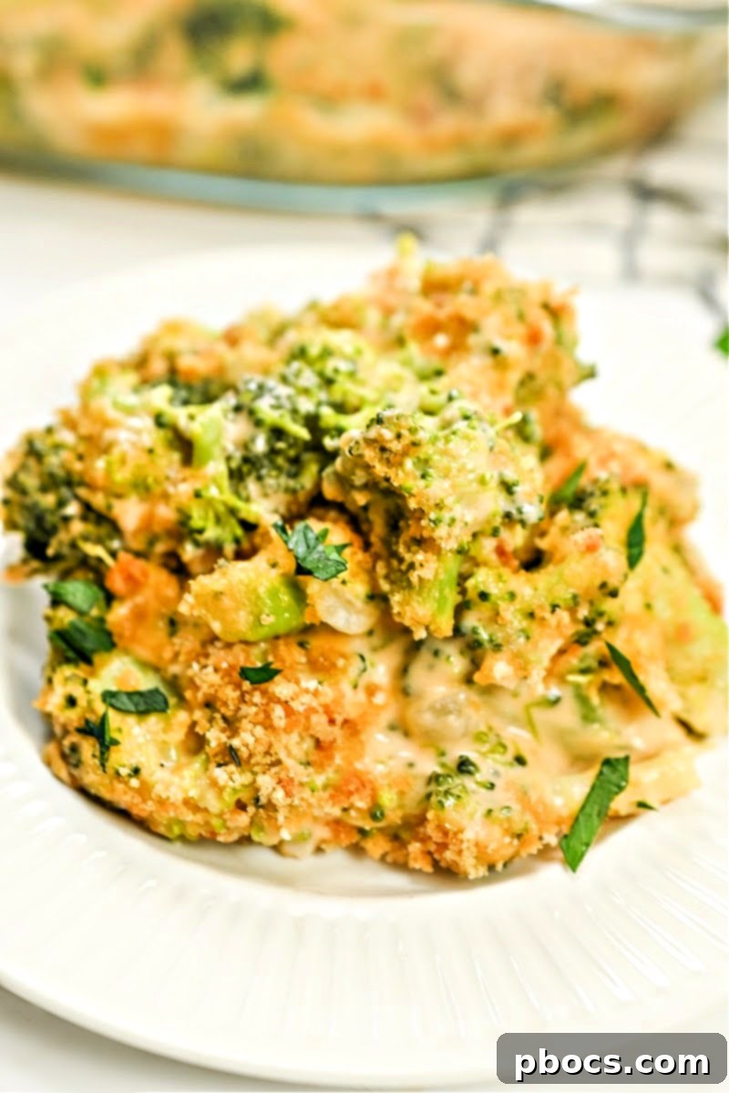 Delicious Keto Broccoli Mac and Cheese baked to golden perfection