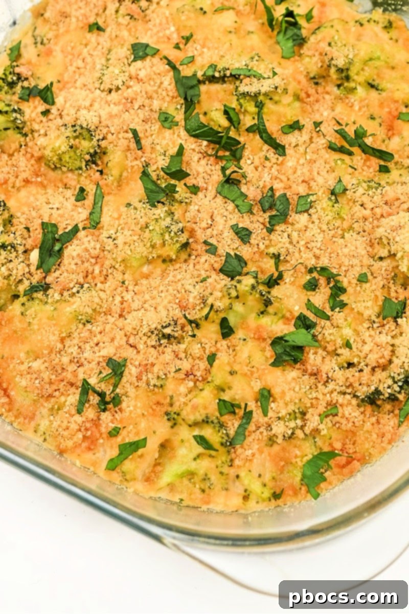 Final plated Keto Broccoli Mac and Cheese ready to eat