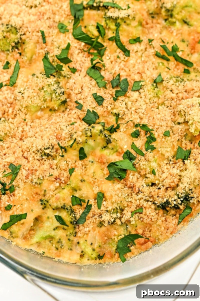Close-up of creamy Keto Broccoli Mac and Cheese in a dish