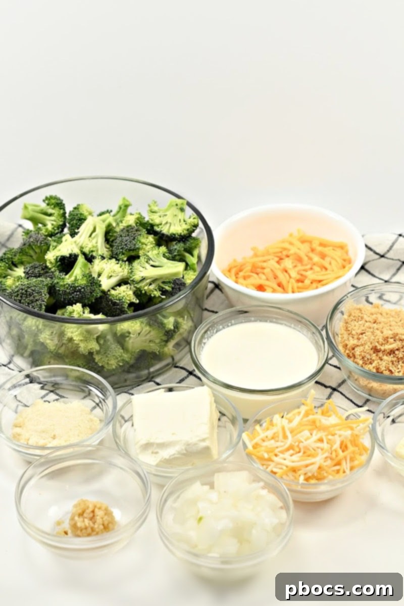 Arrangement of ingredients for keto broccoli mac and cheese