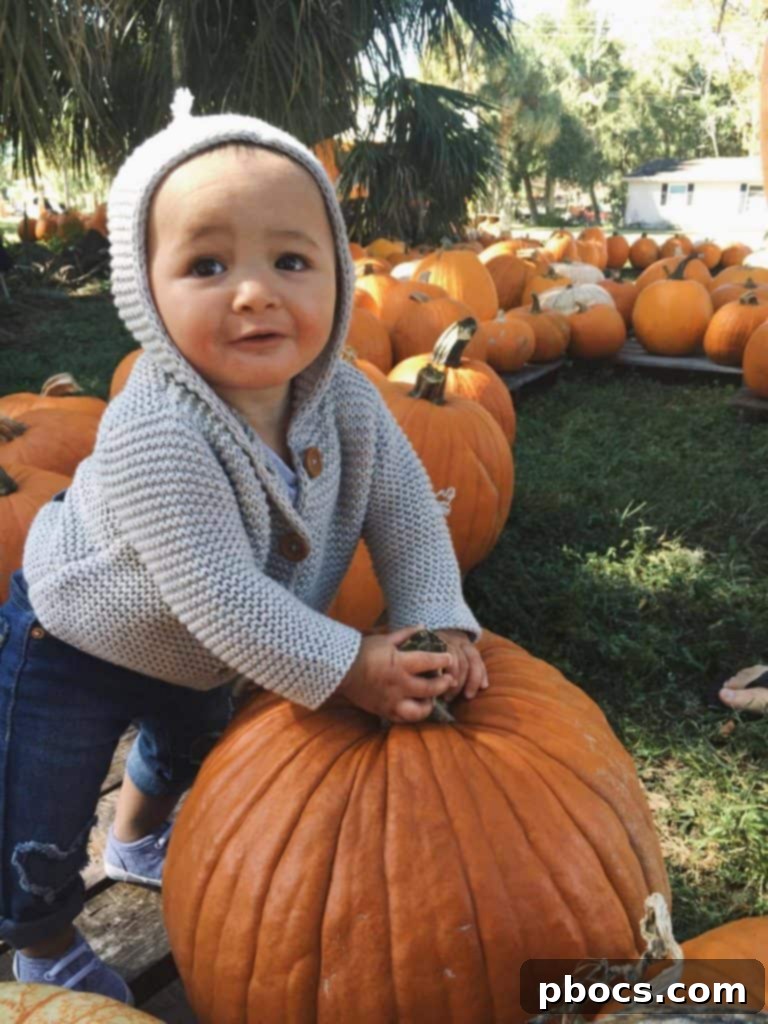 The whole family gathered, smiling and happy, surrounded by pumpkins