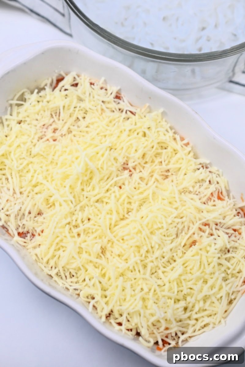 Keto Ramen Lasagna TikTok Style 12 Sprinkling mozzarella cheese over lasagna layers.