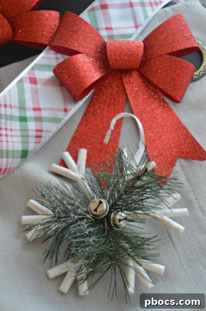 Step 1: Tying a festive bow onto a Christmas ornament