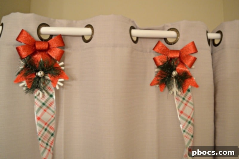 Step 3: Hanging finished Christmas ornaments on a shower curtain
