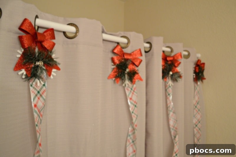 Finished DIY Christmas Ornament Shower Curtain with elegant decorations
