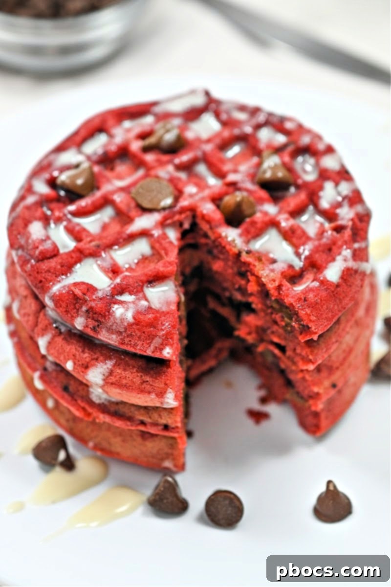 Delicious Keto Chocolate Chip Red Velvet Waffles topped with a sweet glaze