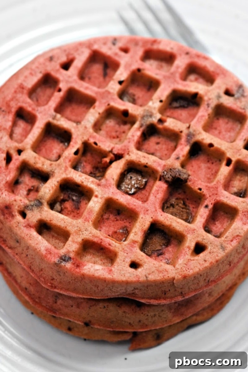 Finished Keto Chocolate Chip Red Velvet Waffles on a cooling rack