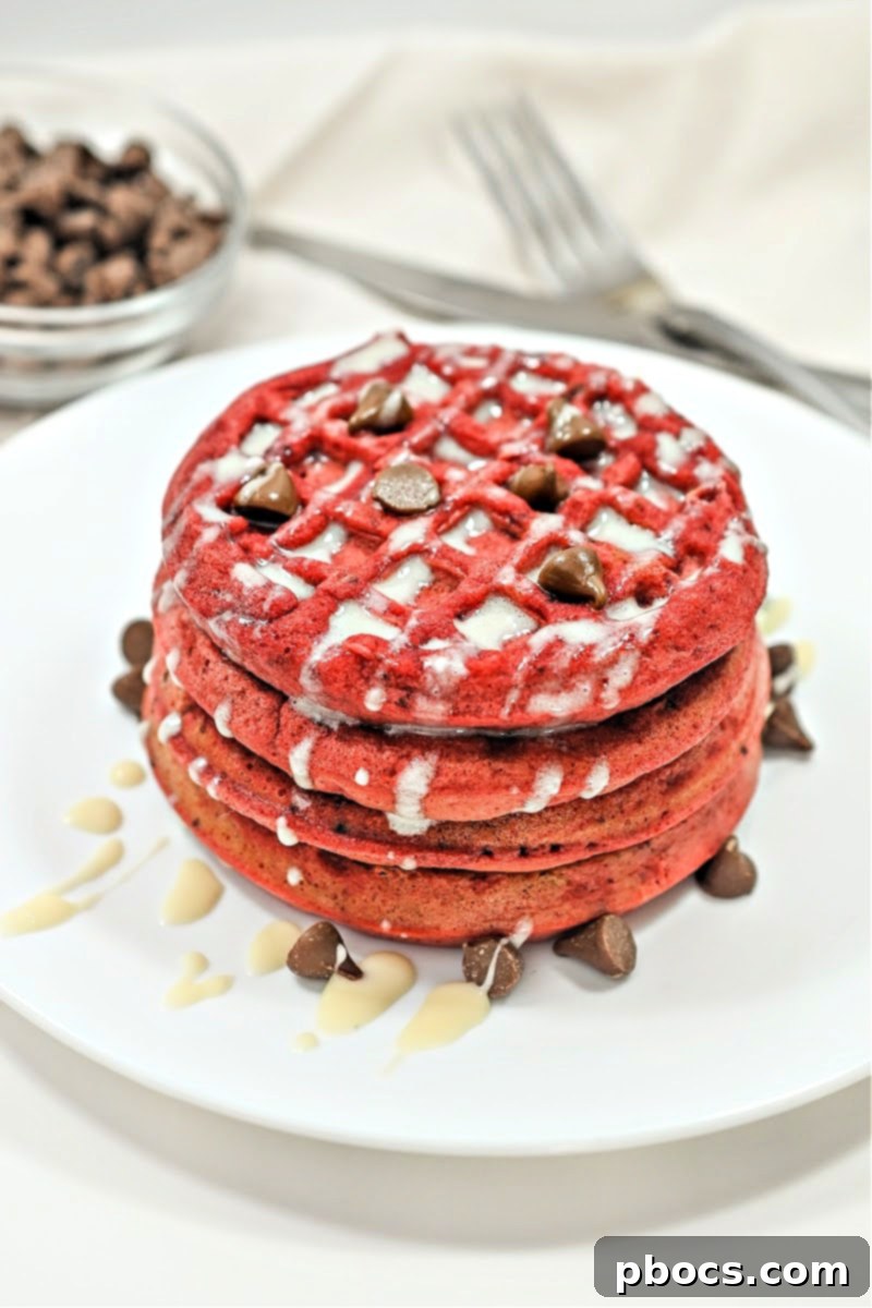 Keto Chocolate Chip Red Velvet Waffles stacked