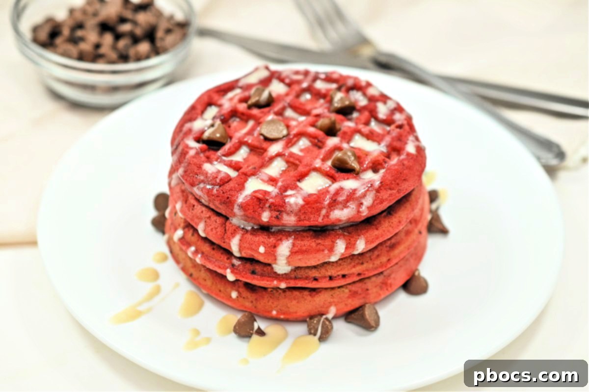 Keto Chocolate Chip Red Velvet Waffles with glaze drizzle
